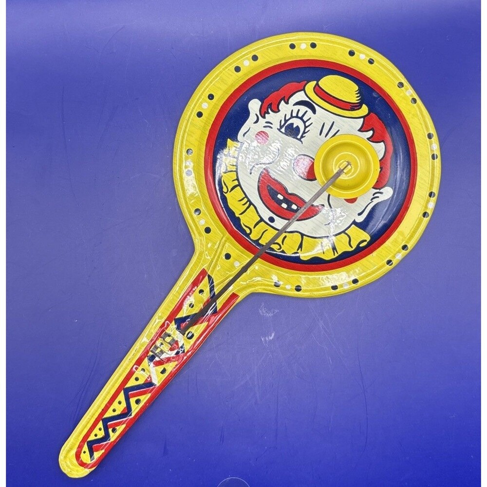 Vintage 1940s Kirchhof Clown Tin Litho Paddle Clacker Noisemaker USA Party Toy